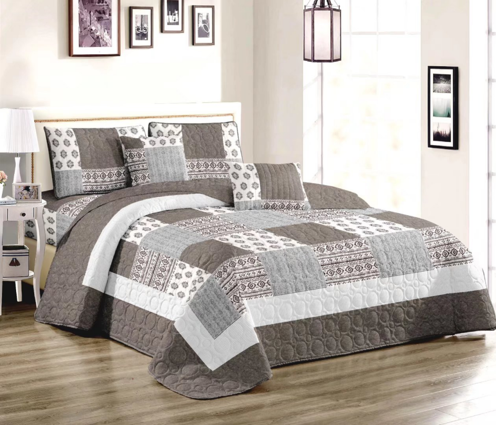 Taupe Gray Hibiscus Patchwork Quilt Set Pre-Washed Cotton Bedspread  Coverlet Set